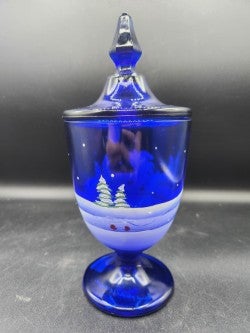 Fenton Cobalt Blue Jolly Snowman Candy Dish w/Lid HP Signed #741